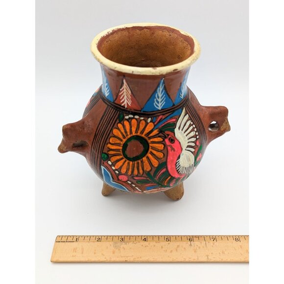 1970's Mexican Tonala Art Ceramic Vase w/ Folklore Hand painted Floral and Bird - Picture 7 of 7
